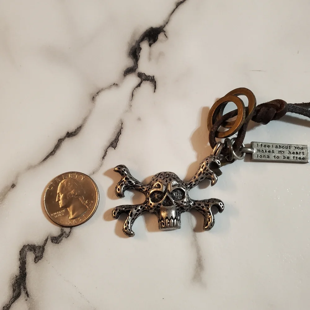 Pirate Skull & Bones Necklace on Brown Cord